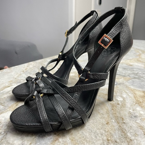 TORY BURCH Black Leather Strappy Sandals Heels Women’s 8 - Picture 1 of 11